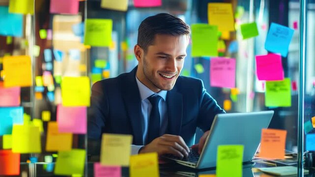 Businessman laughing amidst colorful sticky notes on computer screen