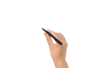 Person's hand grips a pen above white space, isolated on white, PNG