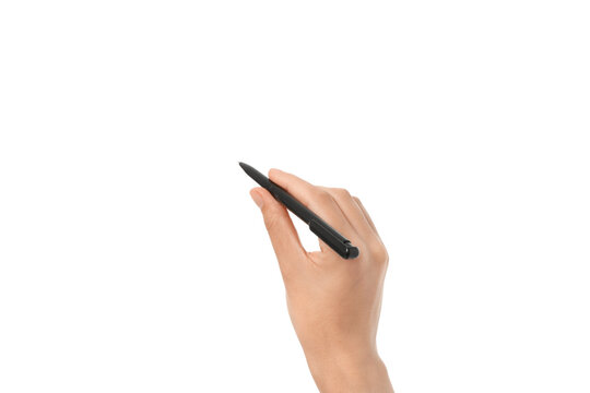Person's hand grips a pen above white space, isolated on white, PNG