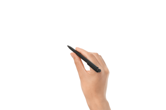 Person's hand grips a pen above white space, isolated on white, PNG
