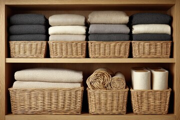 Organized linen closet with wicker baskets
