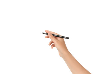 A hand grips a black pen, ready to write, isolated on white, PNG