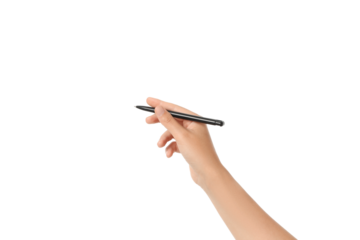 A hand grips a black pen, ready to write, isolated on white, PNG