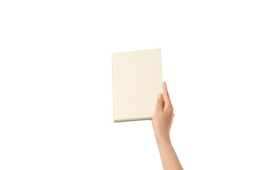 Hand holds a blank notebook for ideas, isolated on white, PNG