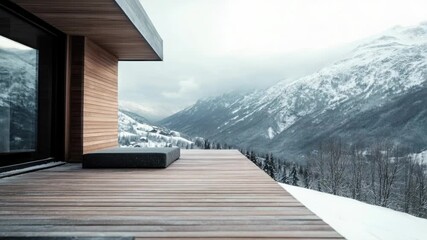 A wooden deck offering a scenic view of a mountain range
