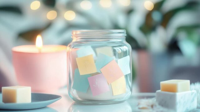 A glass jar filled with sticky notes sits next to a candle, perfect for jotting down ideas or reminders