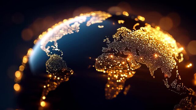 Glowing dots on digital tech globe, network lights, world data connectivity, gold on black background - Powered by Adobe