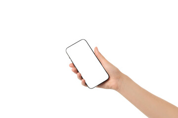 Hand holding an empty smartphone, isolated on white, PNG