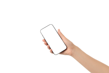 Hand holding an empty smartphone, isolated on white, PNG