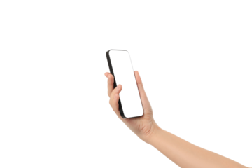 Hand displays a smartphone with a blank screen, isolated on white, PNG