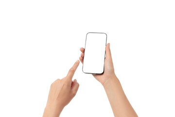 Hand gestures direct attention to a mobile device, isolated on white, PNG