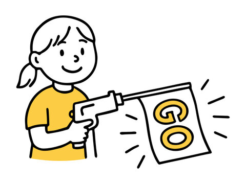 Cheerful Girl Holding GO Flag with Gun. Hand-Drawn Doodle Style Line Vector Illustration.