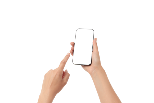 Hand gestures direct attention to a mobile device, isolated on white, PNG