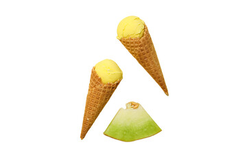 Yellow ice cream cones with green apple, isolated on white, PNG