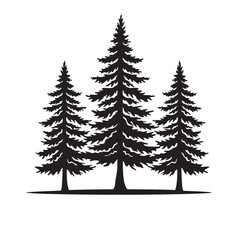 Silhouette of three coniferous trees arranged in a row on a white background perfect for design projects and nature themes.