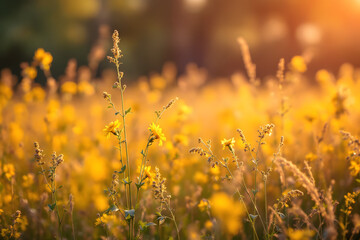 Obraz premium Golden Wildflower Meadow at Sunset Warm Summer Landscape Scene