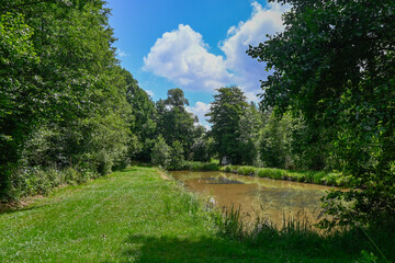 Photo of a rectangular fishpond surrounded by green forests, against a blue summer sky with white clouds. Location (France)