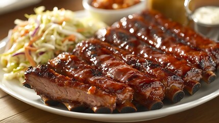 A barbecue platter with ribs, sausage, and colslaw