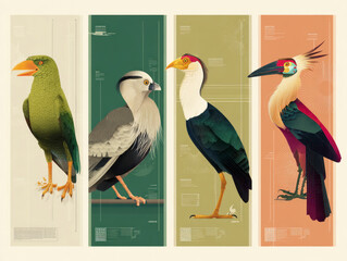 Stylized scientific illustrations of rare bird species—kakapo, secretary bird, shoebill stork, and hoatzin—arranged vertically in a modern infographic layout. ai generative