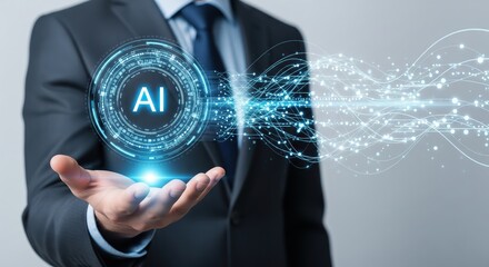 Business and Artificial Intelligence AI, Artificial intelligence,Digital Technology concept. Businessman holding ai are assistant conversation for provide access to data growth of business.
