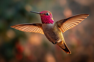 Fototapeta premium Photograph of a hummingbird in flight, with green and red feathers