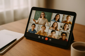 Elementary school teacher and diverse students engaging in remote learning video call on tablet at home