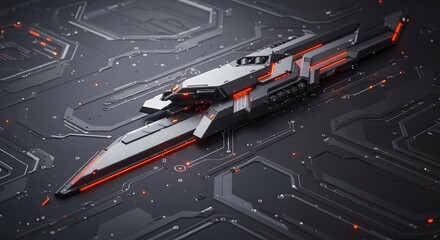 Futuristic Black and Orange Ship Design with Circuit Patterns and Sleek Aesthetic Elements