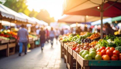 Busy Farmers Market Stalls Displaying Fresh Produce