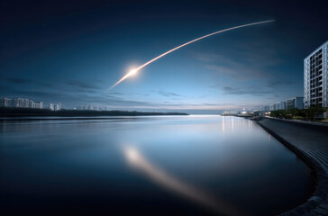 Long exposure rocket launch streaks across night sky above calm river, modern cityscape and waterfront buildings reflected in water