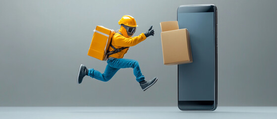 Courier in yellow uniform jumps with package from phone. Useful for advertising delivery services and mobile applications.