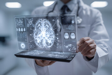 Doctor holding futuristic digital display of brain scan