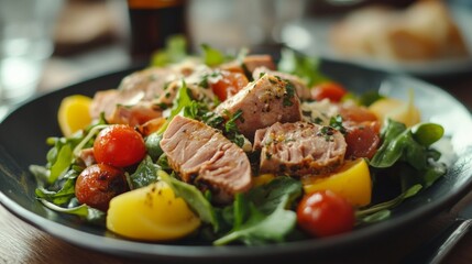 Fresh salad with fish pieces, cherry tomatoes and greens. Useful for articles on healthy eating and cooking recipes.