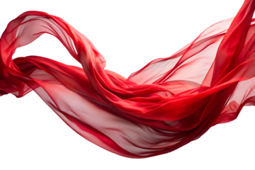 A flowing wave of sheer red silk fabric isolated on a transparent background