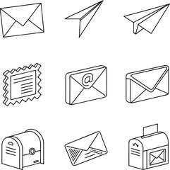 Mail & E-Mail Line Icon Set – Thin Outline Vector Collection of Postal and Digital Messaging