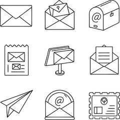 Mail & E-Mail Line Icon Set – Thin Outline Vector Collection of Postal and Digital Messaging