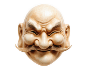 Traditional guardian deity mask with exaggerated mustache, bald head, and expressive facial features, symbolizing protection and strength, isolated on transparency background