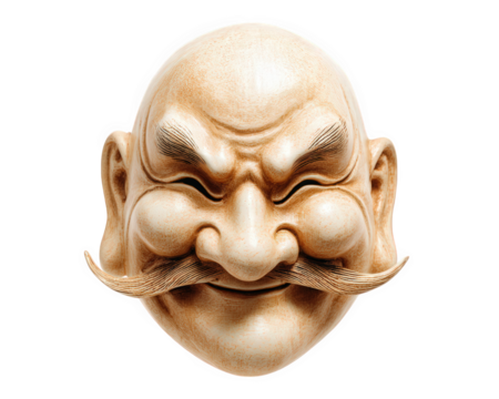 Traditional guardian deity mask with exaggerated mustache, bald head, and expressive facial features, symbolizing protection and strength, isolated on transparency background