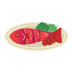Yummy cooked fish with slices in a plate flat vector design