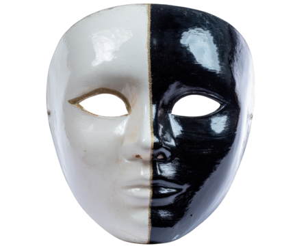 Black and white face mask with symmetrical design, glossy finish, dramatic expression, suitable for theater, masquerade, or artistic display, isolated on transparency background