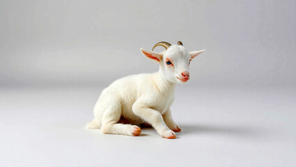 White Baby Goat, Pink Ears, Blue Eyes - Calm Farm Animal Flat Lay