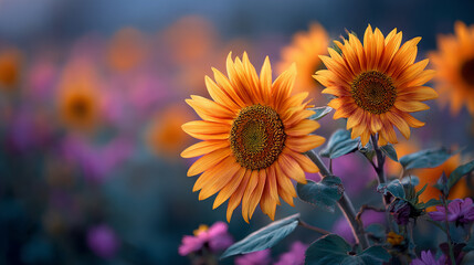 Fototapeta premium Close up of a bright yellow sunflower growing in a field. Nature beauty summer bloom. Floral background for card design.