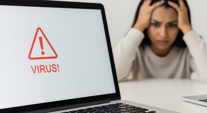 Stressed woman reacting to a "VIRUS!" alert on her laptop screen, highlighting digital security risks and computer problems - Powered by Adobe