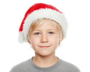 Young boy wearing red and white Santa hat, smiling with happy expression, isolated on transparency background, festive holiday portrait, blonde hair, blue eyes