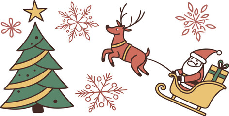 Charming Christmas Illustration: Santa, Reindeer, Tree, and Snowflakes in a Retro Style