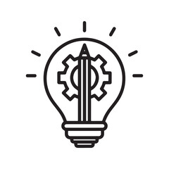 Creative process and innovation icon with lightbulb, gear, and pencil, symbolizing idea development, solution design, and implementation.