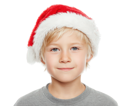 Young boy wearing red and white Santa hat, smiling with happy expression, isolated on transparency background, festive holiday portrait, blonde hair, blue eyes