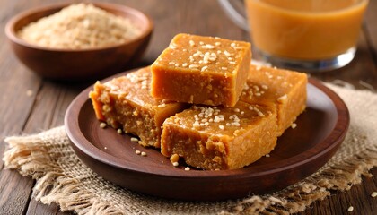 Stacked natilla dessert squares on wooden plate.
