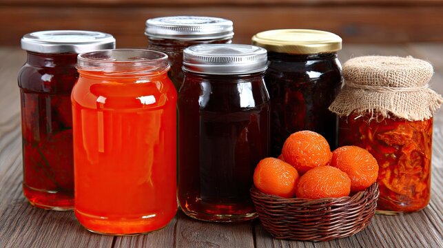 Canned food jars filled with jam, pickled vegetables, and stuffed fruits on rustic wooden table with spices and natural wood elements