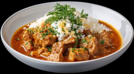 Fototapeta premium Delectable braised beef stew in rich sauce served with rice, garnished with cream