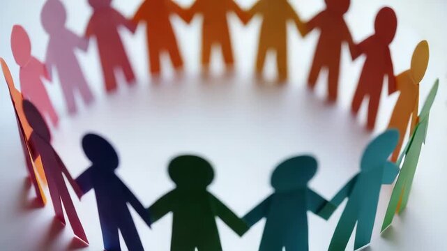 A diverse group of multicolored figures forming a circle with interlocked hands, representing unity and camaraderie.